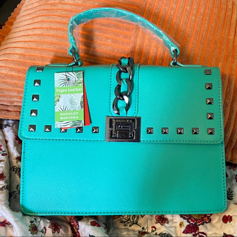Badgley Mischka Turquoise Handbag with Stud Accents